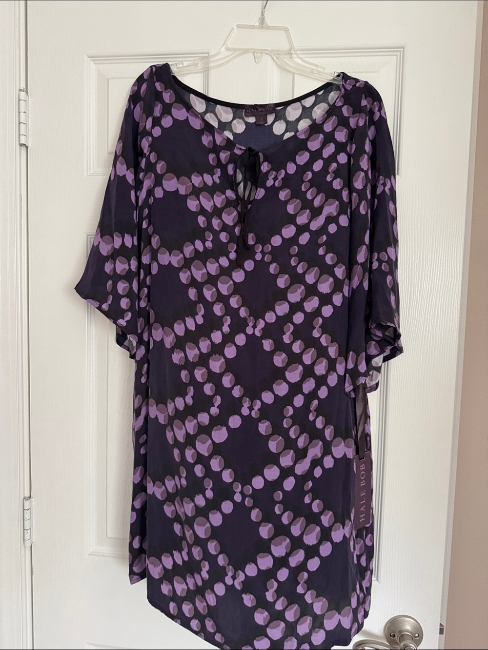 Hale Bob Purple Dot-Pattern Tunic with Tie Neck